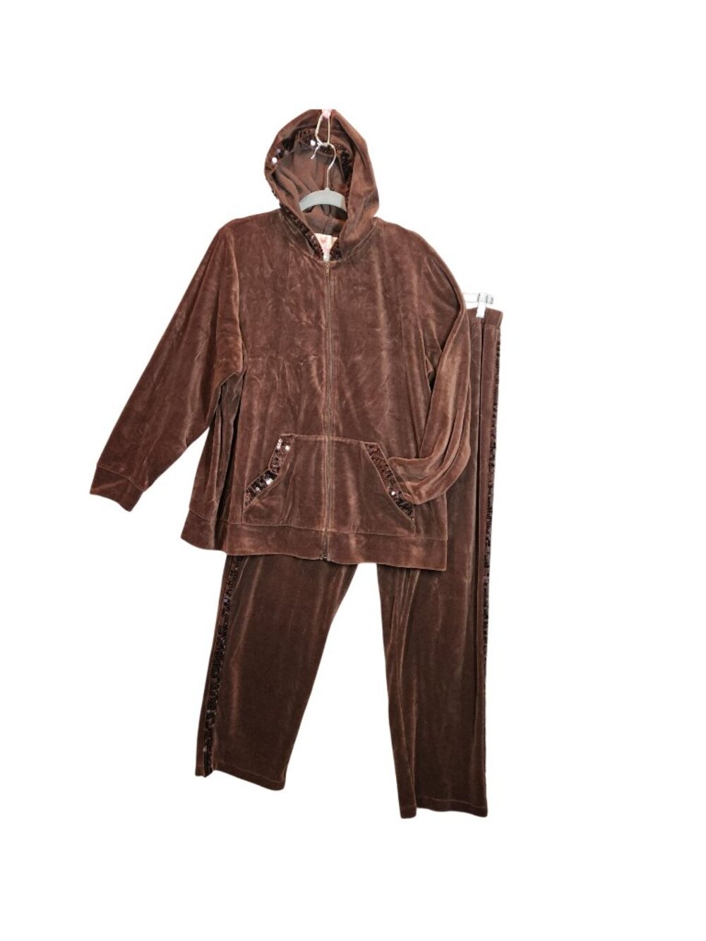 Womens Brown Velour Hoodie Tracksuit Set Sequin Zip Elastic Waist Pants retro
